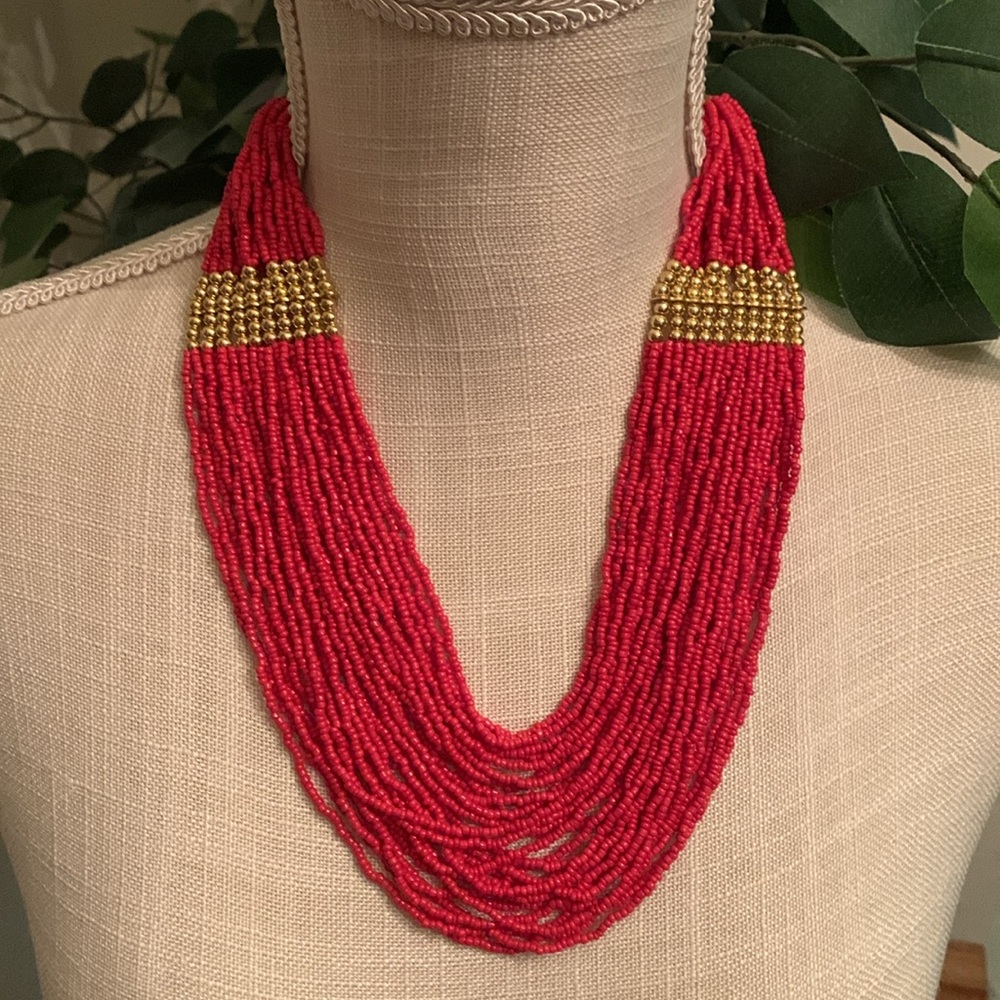 Multi Strand Red Seed Bead Necklace